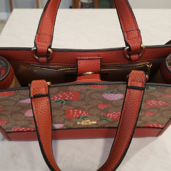Coach Brown Signature Satchel with Red & Pink Strawberry Print Size Medium - Picture 5 of 16